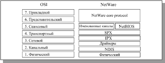 Соотношение уровней модели OSI и протоколов операционной системы NetWare